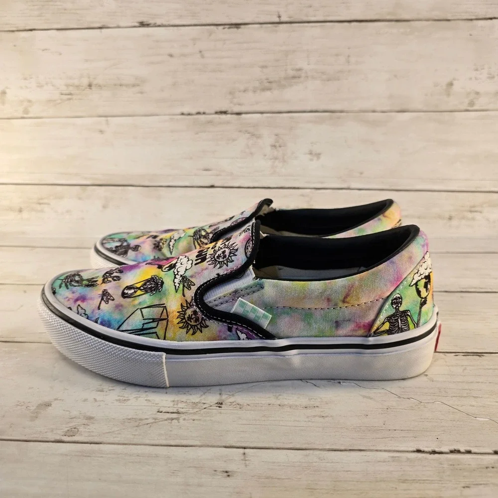 Vans Skate Slip-On Tie Dye Moon and Sun Skeleton PopCush Sneakers Mens 5.5